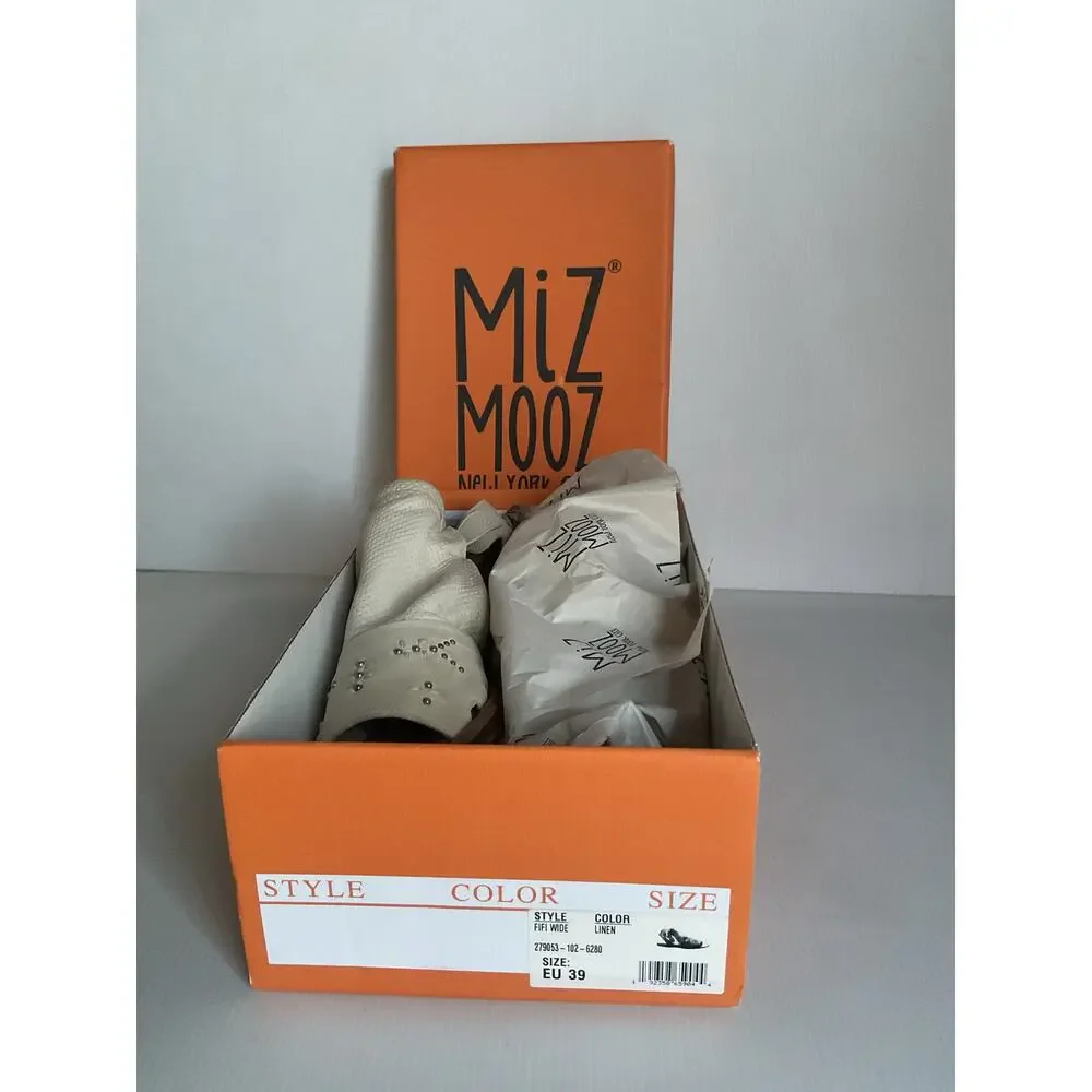 Miz Mooz Fifi Wide Leather Sandals Linen EU 39 US 8.5 Studded Ankle Strap